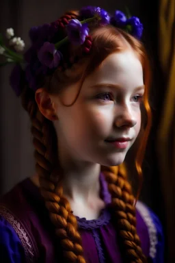 A brownish red hair girl with a plait with purple flowers