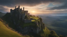 low-level shot of a ruined fantasy castle overlooking a valley, on a cliff top, after sun down, clouds glowing