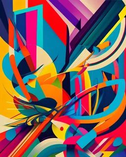 An abstract and colorful composition, with vibrant shapes and lines intertwining and overlapping, creating a sense of movement and energy.