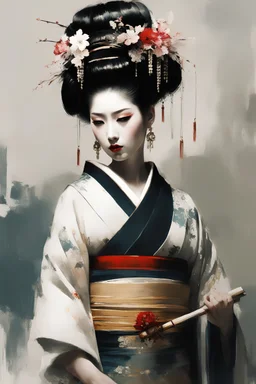 Jeremy Mann style painting, Oiran portrait, white make up on her face, traditional Kimono, digital matt painting, Jeremy Mann style, with rough paint strokes