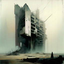 Contemporary abstract painting of Lebbeus Woods brutalist architecture in a wasteland techno decaying landscape. Hazy foggy sky. Concrete ground. Exposed twisted concrete. Style Justin Mortimer and JMW Turner.