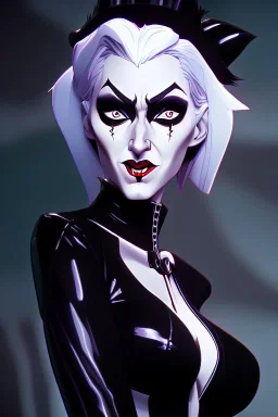 beautiful cruella deville dressed in shiny black leather, frank miller sin city, busty, cleavage, volumetric lighting, particales,highly detailed,cinematic, deep colours,8