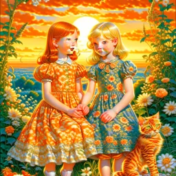 An elegant vertical painting suitable for a children's book cover or poster. Two young girls — one blonde, one redhead — in richly colored vintage dresses stand in a garden glowing with sunset light. Around them, three kittens rest peacefully: black, white, and ginger. The background shows softly glowing sky, flowers, and golden grass. The top third of the image is softly faded with light bokeh, creating space for a Hebrew or English title. The texture includes brush strokes, light craquelure, a