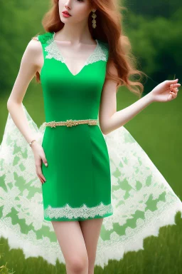 full shot body of Woman portrait with fairly pale skin , green eyes, long auburn hair, and wearing a pretty lace dress . Her outfit is a sexy dress , nice sport shoes. country side ,small lake with a house in side a lux car,