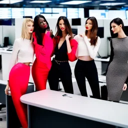 photo of 3 beautiful models wearing high fashion clothes posing and smiling on the dow jones trading floor, bankers busy working in the background, big smile, balenciaga, yeezy season, photorealistic photography, colourful, high contrast, in an office, dow jones, trading floor, fashion photography, high resolution, 8k, moody, hard light, gen z, wide angle lens