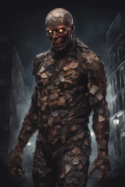 a demon dressed in a human body patchwork sewn of big pieces of human skin. walking in the night. scary. terrifying. intense horror. concept art. book cover art.