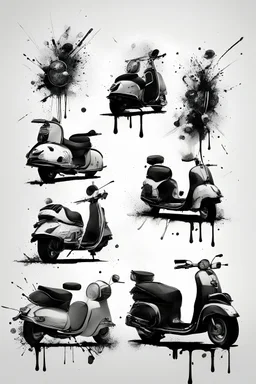 A flash of 10 drawings modern realism with some ink splashes ideas and original designs of a vespa. Black in on white background