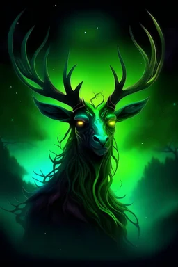Wendigo turning to face you, dark forced background, glowing eyes, hunched over, staring covered in decay, deep shades of green, starry night sky, multicolor, gradient sky
