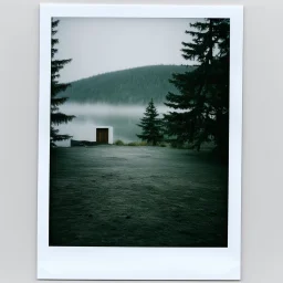 A polaroid photo of an odd room with structures. A transparent tarpaulin covers an image. There is a group of fir trees in the background and a high hill in the distance. A lake. The surface below is in a pastel color. Fog is present.