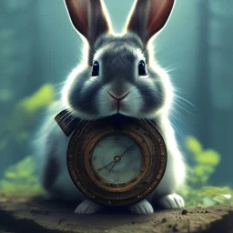 steampunk rabbit, extremely detailed, UHD, 8k,The close-up camera effect,sharp focus,perfect, background forest,position,hyperphotorealistic