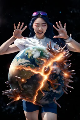 An image of a young Korean woman with a eyes closed expression happy, holding her hands up as if she is reacting to a catastrophic event in front of her. Film, cinematic, realistic, extreme depth of field, She is wearing a white blouse with detail, blue shorts, and sunglasses pushed up onto her head. In front of her, there is a highly detailed planet resembling Earth, dramatically cracking and breaking apart with fiery explosions and molten lava visible at the fractures.