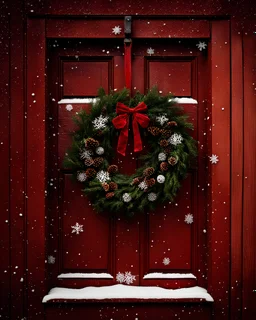A festive wreath hanging on a wooden door surrounded by falling snowflakes