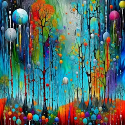 Grunge textured abstract impasto mixed media painting with dripping paint, fantastical otherworldly frozen winterscape with iridescent metallic colors, silver lines, by Andy Kehoe, Klimt, Joan Miro,Ton Dubbeldam, John Hoyland, Amanda Clarke. Reflective frozen pond, surrounded by whimsical, filigree, impressive frosted leaves standing tall on long stems; tendrils, grasses, cattails. Dramatic sky with stormy clouds. with mercury glass patina, glowing golden sparks, vibrant iridescent colours, psyc