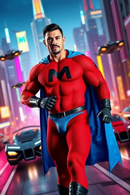 An extremely muscular, athletic man with a short, black hair, blue eyes, goatee, wearing a bright red, textured formfitting bodysuit, wearing blue trunks on the outside of the bodysuit, a black leather, knee-high black leather boots, black wrist gauntlets, blue cape, with a black Capital letter "M" on the chest, posing against a futuristic cityscape, Neon-lit, Extremely colorful, Flying cars