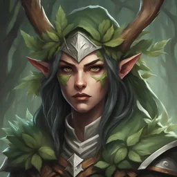 Generate a dungeons and dragons character portrait of the face of a female Eladrin. She is a hunter that lived in the forest and loves animals and plants. She looks a bit threatening and always looks a bit angry. She wears a circlet made of plants and a hood. Use Sylvanas Windrunner as insperation.