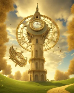 Create a 3d fractal base huge clock on a beautiful tower in a modern town with country houses and green field flowers , with see throgh golden gears rotating , showcasing a harmonious and synchronized movement. fast time passing in a beautiful nature environment