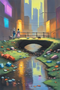 painting of a cyberpunk colourful natural walkway rubbish on the street in the city with pollution and a small bridge by a creek with electric sheep and androids by monet