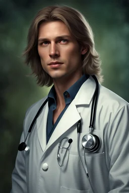 Portrait of a 30 year old male norwegian doctor with shoulder length hair, photorealistic, fantasy