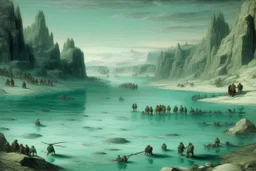 A mint colored giant frozen lake painted by Leonardo da Vinci