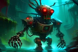 Robot with a weapon made of water. Make the robot look like a hybrid of alien with tentacles and mechanical parts, head looks like an undead with hands growing out of it, eyes have smoke coming out of it, with a hint of red and green color scheme with a background of a Jungle with Mayan pyramids in Blue ambiance. make it an oil painting texture.