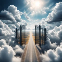 Hyper Realistic Aerial View Of Heaven's Road On Heaven's Sky & Heaven's Huge-Wide Fancy Full Open Gate With White Clouds At Cloudy-Day Environment Showing Dramatic & Cinematic Ambiance.