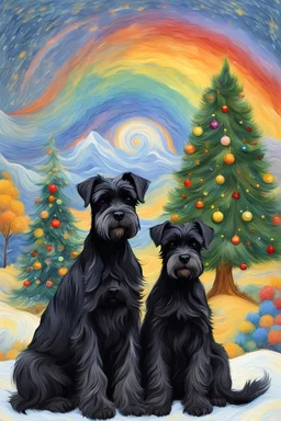 make a picture of three black schnauzers . Behind it is a Christmas tree and a rainbow by Van Gogh