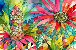 Create a surreal abstract watercolor and ink painting of an Echinacea in a garden. In the style of Paul Klee, Picasso, Matisse. Geometric. Map like qualities. Modifiers: elegant intricate beautiful high detail high definition crisp quality colourful zentangle