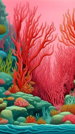 A pink underwater reef made out of soda designed in ancient Greek pottery painted by Georges Seurat