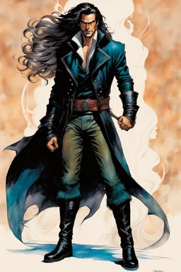 Create a fine art print , illustration of a small epic fantasy sword and sorcery thief character with long flowing hair , finely lined and detailed facial features, in an fur collared leather jerkin and breeches , a short oriental cloth belt at the waist, stealthy soft leather slippers, , in the comic book style of Bill Sienkiewicz, Howard Chaykin, Mike Mignola, Philippe Druillet, and Jean Giraud Moebius, precisely drawn, colored and inked