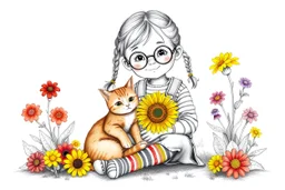 imagine A grayscale pencil illustration of a small girl sitting on the ground. She has braided hair and colored freckles on her cheeks (only the freckles are in warm tones). She wears oversized round glasses, a striped shirt under gray overalls, and colorful striped three-quarter socks. In her lap lies a bright yellow sunflower. Sitting close beside her is a ginger cat with a fluffy tail, fully in color. Around her on both sides grow vibrant flowers in red, yellow, and purple. The background is