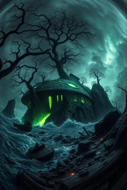 in the style of Fisheye lens. detailed close-up concept art of a Lovecraftian horror, chthon island featuring a decaying a ufo starship light beam. Focus on gnarled trees around rocky cliffs, with the a ufo starship showing deep cracks and glowing substance oozing from them. Include hints of nightmarish creatures beneath turbulent waters. The stormy sky casts an eerie and green glow, with shipwreck debris and ancient ruins scattered on the shore to emphasize the sense of dread and abandonment