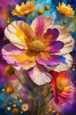 ideal image optimization, the best lush big Cosmos flower result, Create stunning summer flowers art combining Gustav Klimt's intricate style with Pierre-Auguste Renoir's vibrant brushstrokes. Use alcohol ink splatter for dynamic elements. Aim for hyper-detailed super realism in 8K, with bright neon colors and gold accents, capturing a radiant summer day. Add an Art Nouveau aesthetic to enhance elegance and sophistication of this award-winning Masterpiece seamless pattern