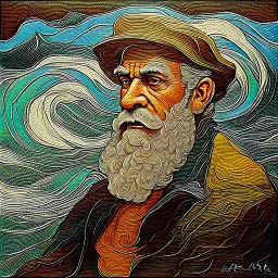 impasto oil painting of an old mariner, thick sculptural brushstrokes, swirling textures, golden beard flowing into stormy ocean, expressive portrait style, vivid ocean blues and greens, emotional and textured, expressionist painting --v 7 --style raw --ar 4:5 --q 2