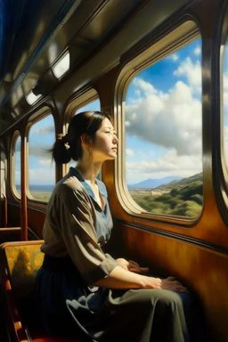 Neoclassicism japanese woman looking at window happy to sky in train realistic cote d'azur painting