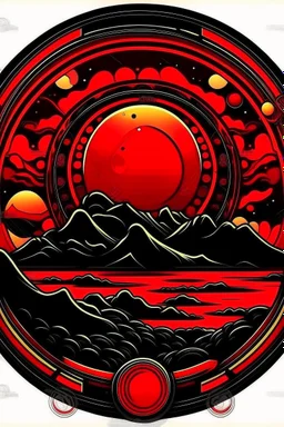 Red sun eclipsed by alien planet in the style of a tattoo