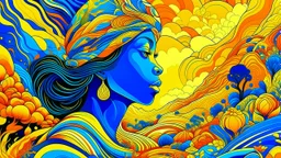 woman envisioned in a Psychedelic Safari Vision, with bold patterns and vivid colors creating a surreal landscape. Utilize bright gold and blue hues to capture the wild and untamed essence
