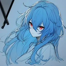 Clear focus, High resolution, rough line sketch art, blue hair, fluffy hair, between eyes, red eyes, no light in eyes