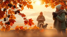 Autumn: falling leaves, chestnuts, acorns, berries, Misty mornings, fog over distant fields or forests, sunshine; people wear scarves, woolly hats, gloves, steaming hot drinks; birds migrating, squirrels gathering nuts, rabbits, beautiful colours, atmospheric. Award winning photograph.