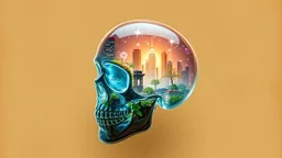 old worn paper, plain contrast background, crystal transparent Skull with city and plants inside, backlight inside, 8K, high detail, hyperrealism, high resolution, bright colors, ART illustration