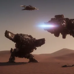 Armored Core machine robot fights another Armored Core fly in the sky in the desert with the ocean where you can see the space in the sky with the twilight on the horizon, 4k resolution