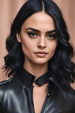 realistic close up photo of Camila Mendes in leather