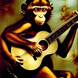 scratchart by leonardo davinci of a monkey playing a banjo, strings