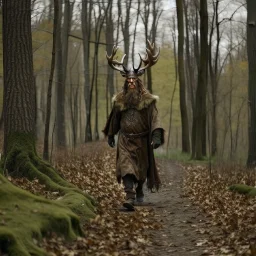 large feyman with antlers walking in the woods