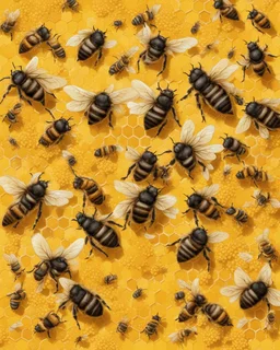 gentle background with bees, honeycombs in the background, bees on hives on a yellow field