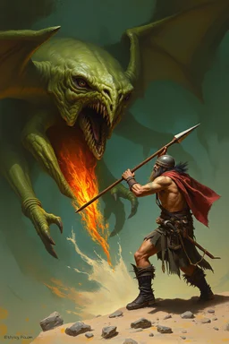 A worrier holding a spear attacking a creature from another world, Busch painting style