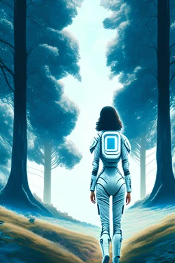 woman in a skin-tight silver spacesuit, facing away, standing under a spaceship, on a path, wooded landscape in the distance, blue sky