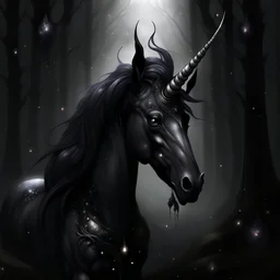 Dark Unicorn , smoky dark mane, big black crystal horn with ornaments , nightmarish forest