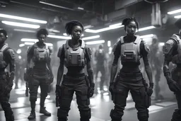 recruits in training, black white hispanic japanese,16k, 3d rendering, expressively detailed, futuristic, cyberpunk, dynamic light, expressive lighting,