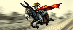 Political propaganda poster for Mexican farmer Hitler on fast superhero donkey, airbrush and pen outline, motion blurred background