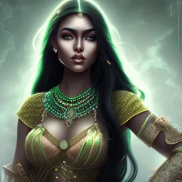 fantasy setting, indian woman, dark-skinned, green and black wavy hair